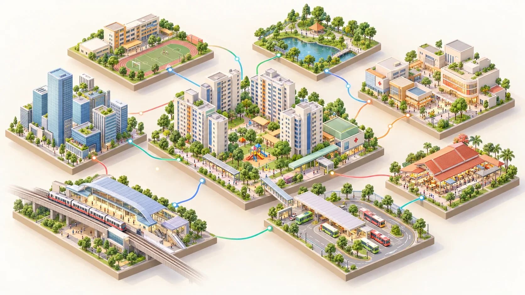 Illustration: a Singapore housing estate at the centre, linked to a school, a park, shops and a clinic, a hawker centre, a bus interchange, an MRT station and an office district.